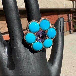 Rose gold over sterling Turquoise and Purple Flower Ring